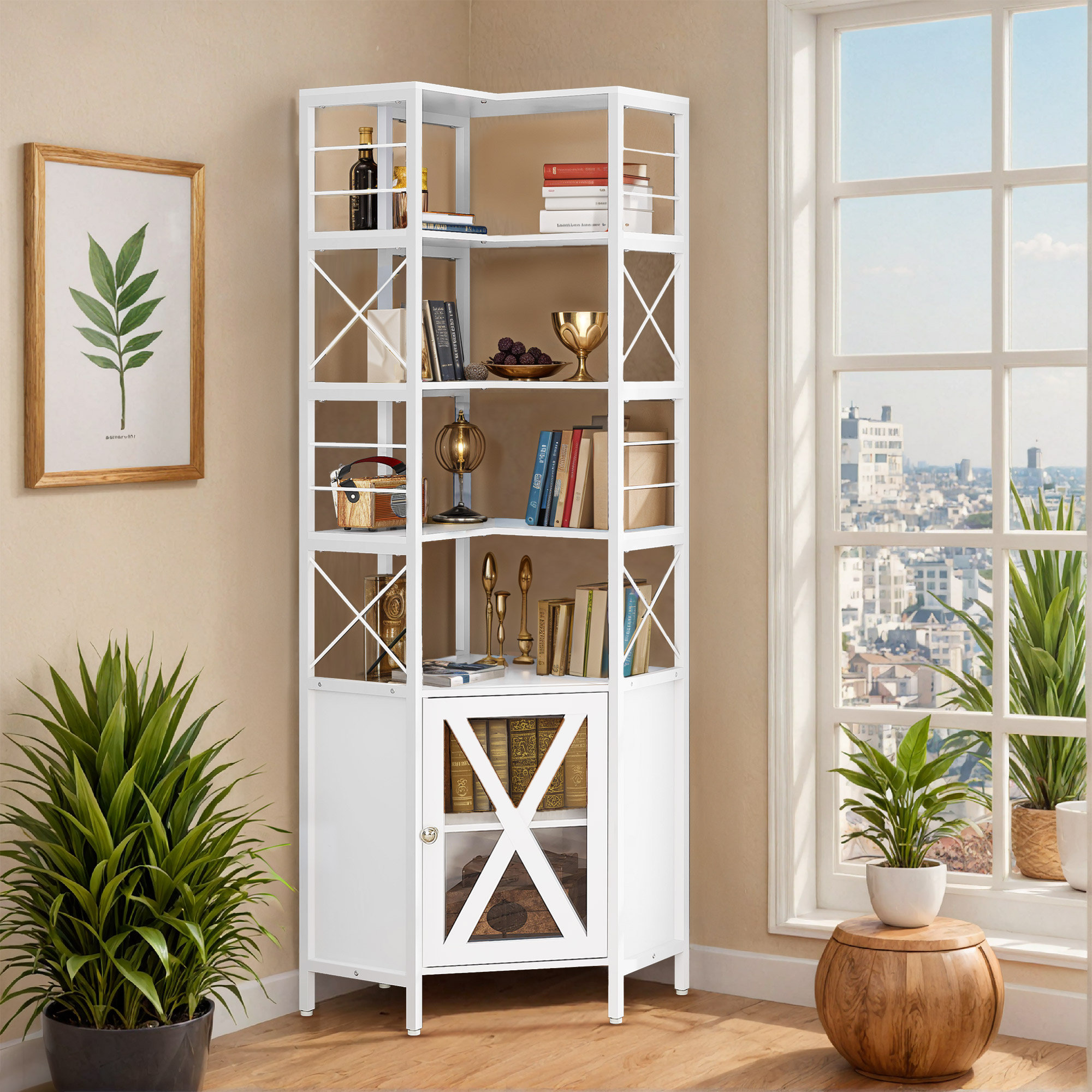 YITAHOME Corner Bookshelf with Storage 7 Tier Corner Shelf with Doors Large Corner Bookcase Display Rack for Living Room Bedroom Home Office White